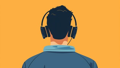 Back View of Person Listening to Music with Headphones in Minimalist Style