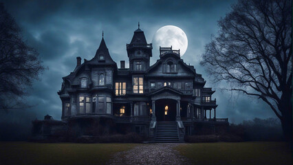 A spooky haunted house mansion Halloween background with a full moon generated by AI