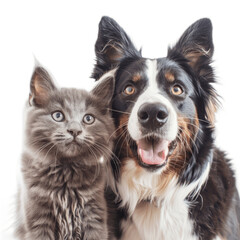 Obraz premium British Shorthair cat kitten and a border collie dog with happy expression together Isolated on transparent background PNG
