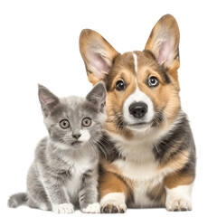 Obraz premium Cat and dog together panting Puppy Welsh Corgi looking at camera and proud grey cat Isolated on transparent background PNG