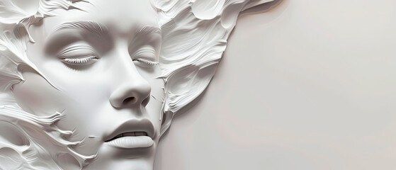 Minimalist 3D rendering of a serene woman's face, white colors. Concept: plastic surgery, cosmetic treatments, skincare. Suitable for beauty, healthcare, and wellness businesses. 
