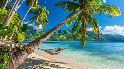 Fototapeta premium Hammock Swaying Between Palm Trees in Tropical Paradise, Azure Waters and Clear Skies, Ultimate Travel Destination, Perfect for Relaxation and Leisure