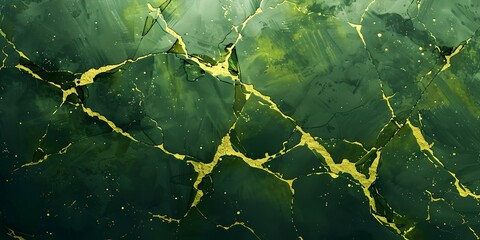 A green and gold painting of a cracked surface with gold streaks. The painting has a sense of destruction and decay, with the cracks and gold streaks representing the passage of time and the wear