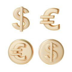 3d Euro and Dollar Coins Set Cartoon Design Style Isolated on a White Background. Vector illustration of Golden Coin