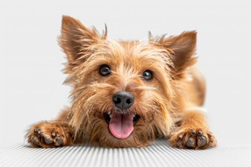 A small brown dog is lying on a clean white floor, great for pet-related or home decor concepts