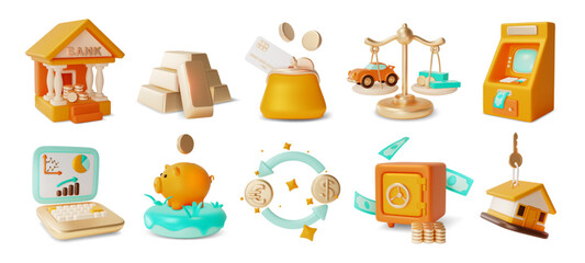 3d Banking Concept Set Cartoon Design Style Include of Bank Building, Safe Box and Purse Wallet. Vector illustration