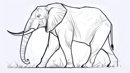 Obraz premium A monochromatic illustration of an elephant atop a green meadow against a backdrop of white