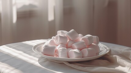 Plate and bowls with tasty sweet marshmallows on light background