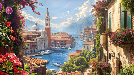 Beautiful Illustration of Historic Italy. Mediterranean Vacation Artwork.