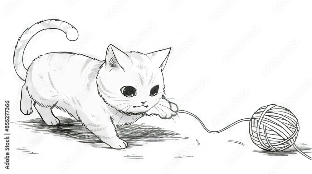 Sticker   A monochrome illustration of a feline engaging in a game of ball-yarn entanglement, with the tangled yarn prominently displayed before it