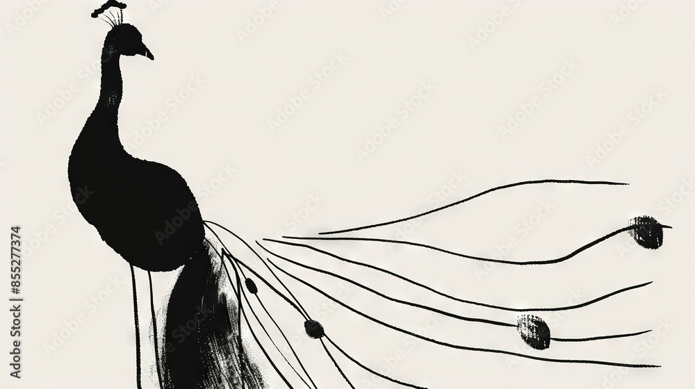 Poster black and white sketch of a peacock displaying its feathers and a bird perched atop