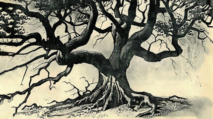 Naklejka premium Tree with exposed roots & bird perched atop