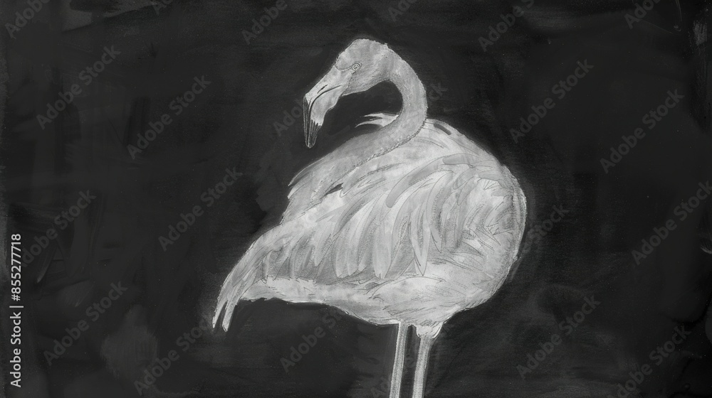 Sticker  A monochrome illustration depicts a flamingo perched on a single leg, gazing away from the camera