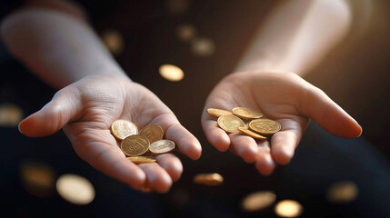 Gold Bitoins falling in a hand