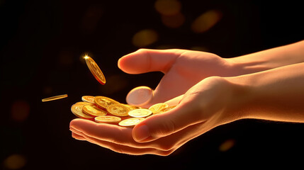 Gold Bitoins falling in a hand