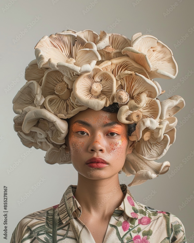 Wall mural A woman wearing a mushroom hat