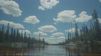 Fototapeta premium A lush forest surrounds a tranquil lake, with wispy clouds drifting across the azure sky in the background