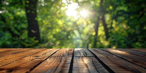 A wooden table surrounded by trees, lit up by sunlight