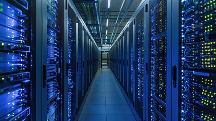 A long corridor lined with server racks, illuminated by blue lights.