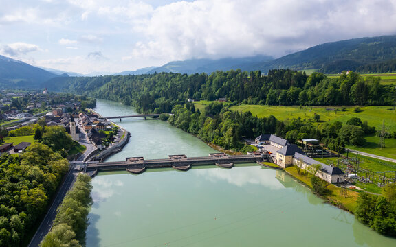 River Drau, Drava with the hydro electric powerplant in Lavam&uuml;nd.