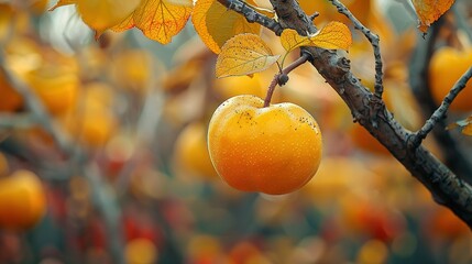   A detailed image of an orange hanging from a tree branch with vibrant green foliage and droplets of water clinging to the fruit and leaves