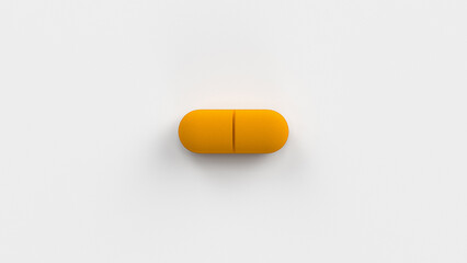 Orange single pill isolated on a white background. Tablet, pill capsule top view, flat lay. 3d render illustration 
