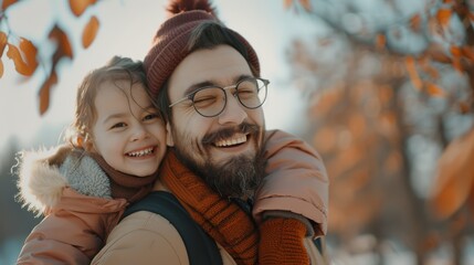 Obraz premium Smile and play with her father in an outdoor garden with love and care to bond. In a field or park, happy girl kid on piggyback with young Australian dad.