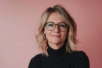Fototapeta premium Portrait of woman with glasses on pink background, studio shot, and happy. Happy woman, face and glasses for fashion, eye care, frame, cosmetic beauty, or lens choice.