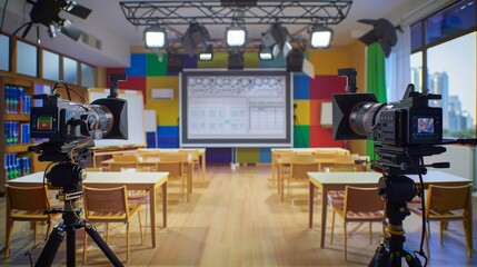 Two cameras are set up in a classroom for video recording, with tripods, lights, and a projector screen visible in the background.