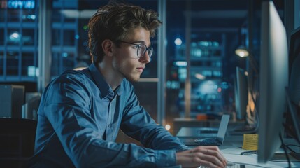 Businessman, computer, night office work for cybersecurity, software design, and digital programmer. Thinking web design engineer, developer, and ux seo/database coding worker