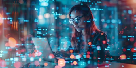 Overlapping financial and stock market with a lady dealing FX at night in an office. A female trader analyzing data for portfolio growth in digital, data, or fintech