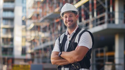 Architect male, outside photo, arms crossed, smiling, and property development vision. Engineer, architect, and pursuer of pleasure, buildings, and professional aspirations