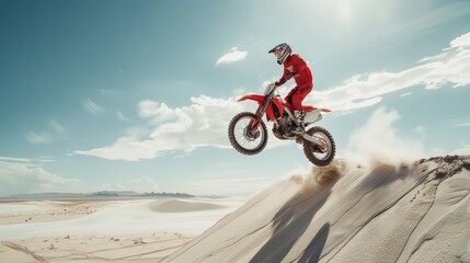 Obraz premium Motocross, skydive, and jump with a desert man seeking adrenaline. Outdoor bike, speed, and sand training with an athlete for freedom or competition.