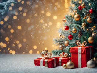 Holiday background with illuminated Christmas tree, gifts, and decoration design