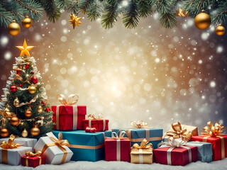 Holiday background with illuminated Christmas tree, gifts, and decoration design