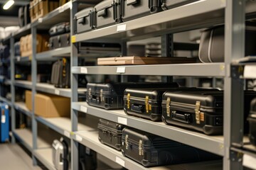 Lost and Found Office with Neatly Organized Luggage on Shelves in Modern Airport