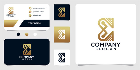 abstract, technological, simple E tech initials logo with business card
