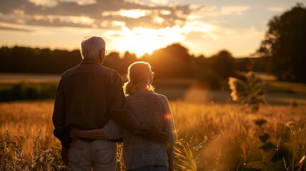 a couple of people standing in a field of grass at sunset