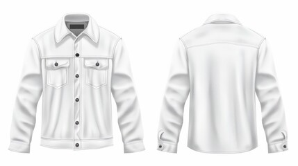 3D realistic vector illustration of a classic mens white shirt or denim jacket with long sleeves and chest pockets presented in front and back views Isolated on white