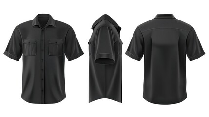 3D realistic vector mockup of an empty mens classic black shirt with short sleeves and chest pockets shown in front side and back views Isolated on a white background