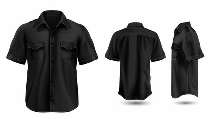 3D realistic vector mockup of an empty mens classic black shirt with short sleeves and chest pockets shown in front side and back views Isolated on a white background