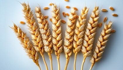 A close-up shot of golden wheat ears aligned on a white surface, reflecting the concept of agriculture and harvest