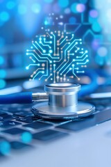 A stethoscope and digital technology of medical innovation. symbolizing the integration of artificial intelligence in healthcare. displaying futuristic health data.