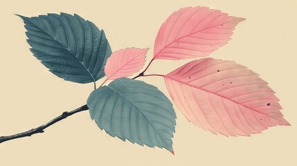 Obraz premium A zoomed-in photo of a pink and blue leaf on a branch with another leaf nearby