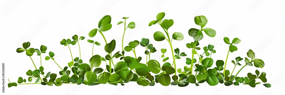 Poster a close-up image of a group of green microgreens growing on a white background. generative ai