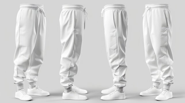 3D rendering of blank white mens pants mockup showing front and back views Isolated empty template of daily male trackpants with belt