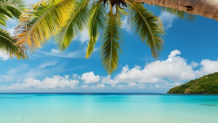 Exotic shore against the backdrop of the turquoise ocean on a sunny day. Beautiful palm tree on the beach of a tropical island. Concept: paradise summer holiday on a desert island.