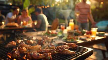 Lively Backyard Barbecue with Friends Grilling Chicken Wings and Enjoying Drinks