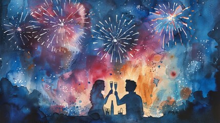 The image shows a couple watching fireworks on the 4th of July