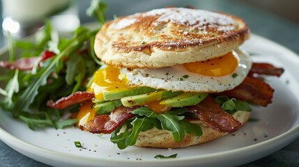 Gourmet Avocado and Bacon Breakfast Sandwich with Fried Egg and Arugula Salad